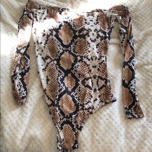 PrettyLittleThing off the shoulder snake bodysuit